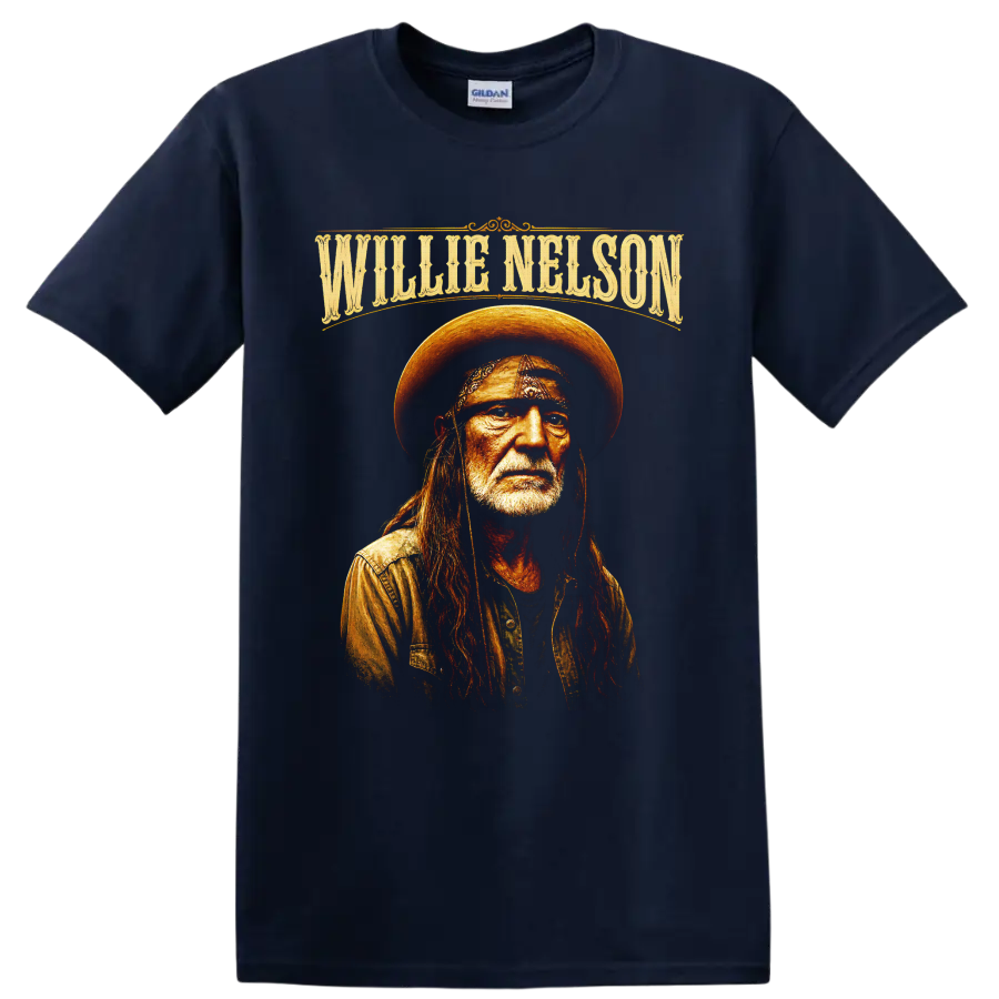 Willie Nelson portrait in western hat and bandana with ornate name lettering on a Navy (Blue) T Shirt