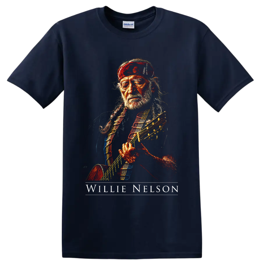 Willie Nelson guitar portrait in a bold painterly country music style on a Navy (Blue) T Shirt