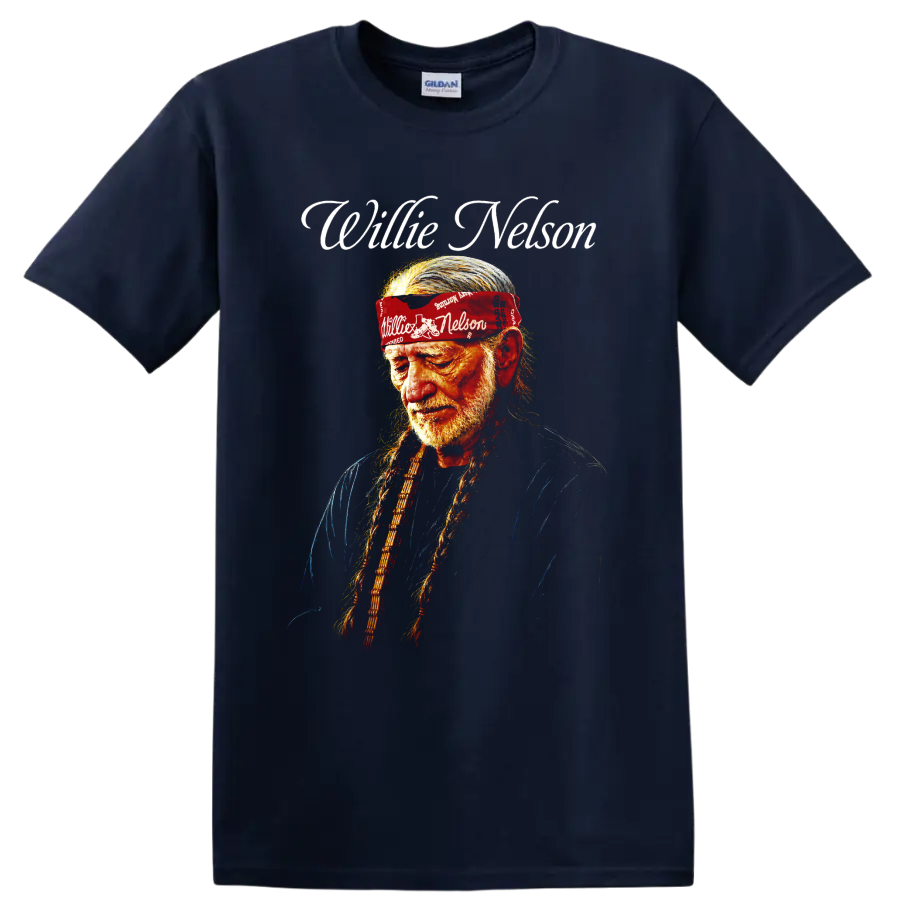 Willie Nelson portrait with long braids, red bandana, and white script lettering on a Navy (Blue) T Shirt