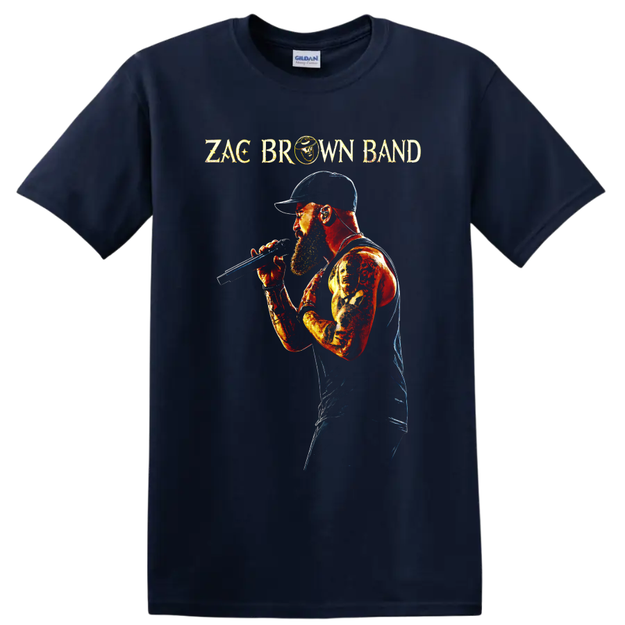Zac Brown Band singer with microphone in a fiery distressed concert portrait on a Navy (Blue) T Shirt