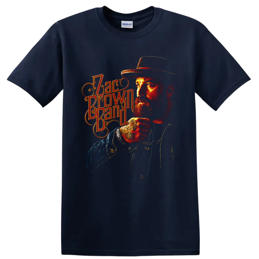 Fiery Zac Brown Band portrait with cowboy hat and ornate vintage lettering on a Navy (Blue) T Shirt