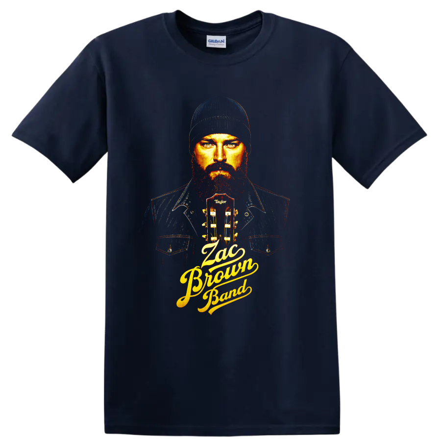 Zac Brown Band bearded guitarist portrait with acoustic guitar and gold script lettering on a Navy (Blue) T Shirt