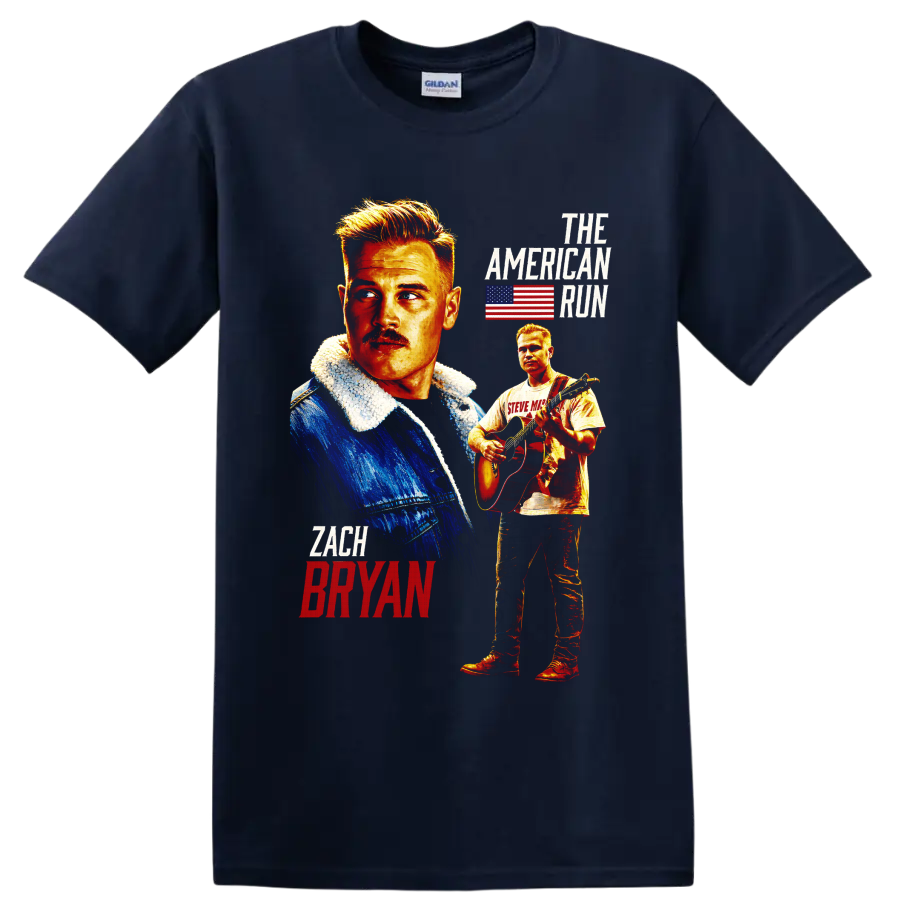 Zach Bryan portrait and acoustic guitar graphic with American flag and The American Run on a Navy (Blue) T Shirt