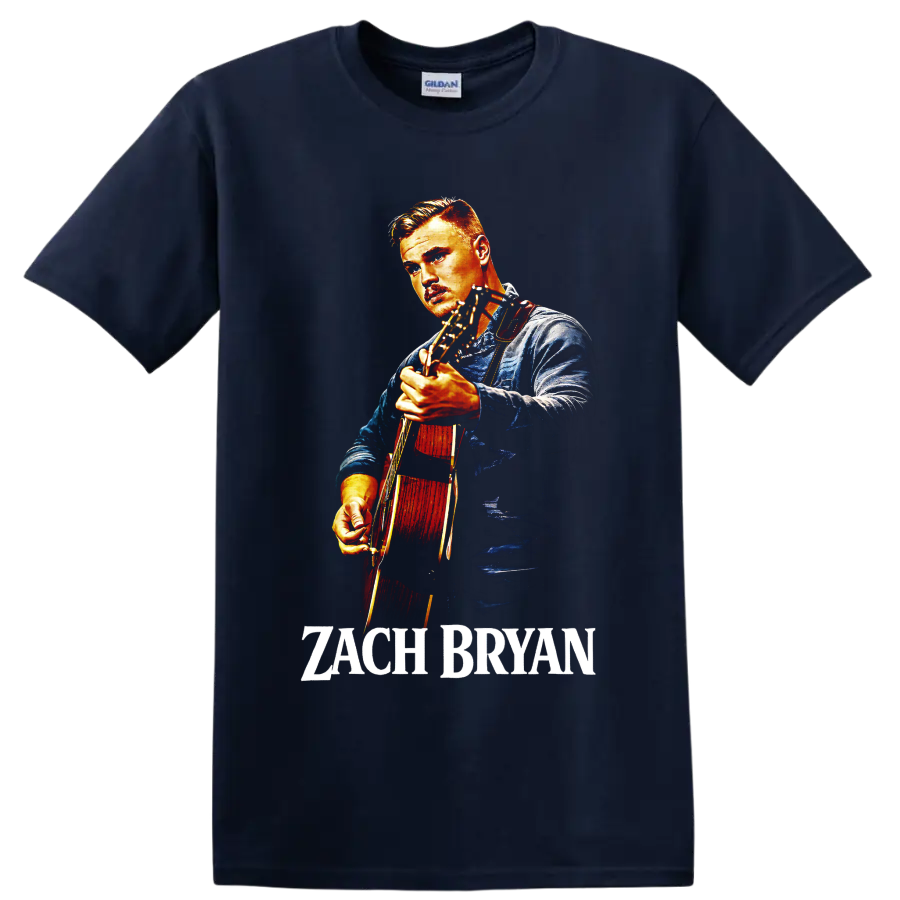 Zach Bryan illustrated portrait playing acoustic guitar with name text on a Navy (Blue) T Shirt
