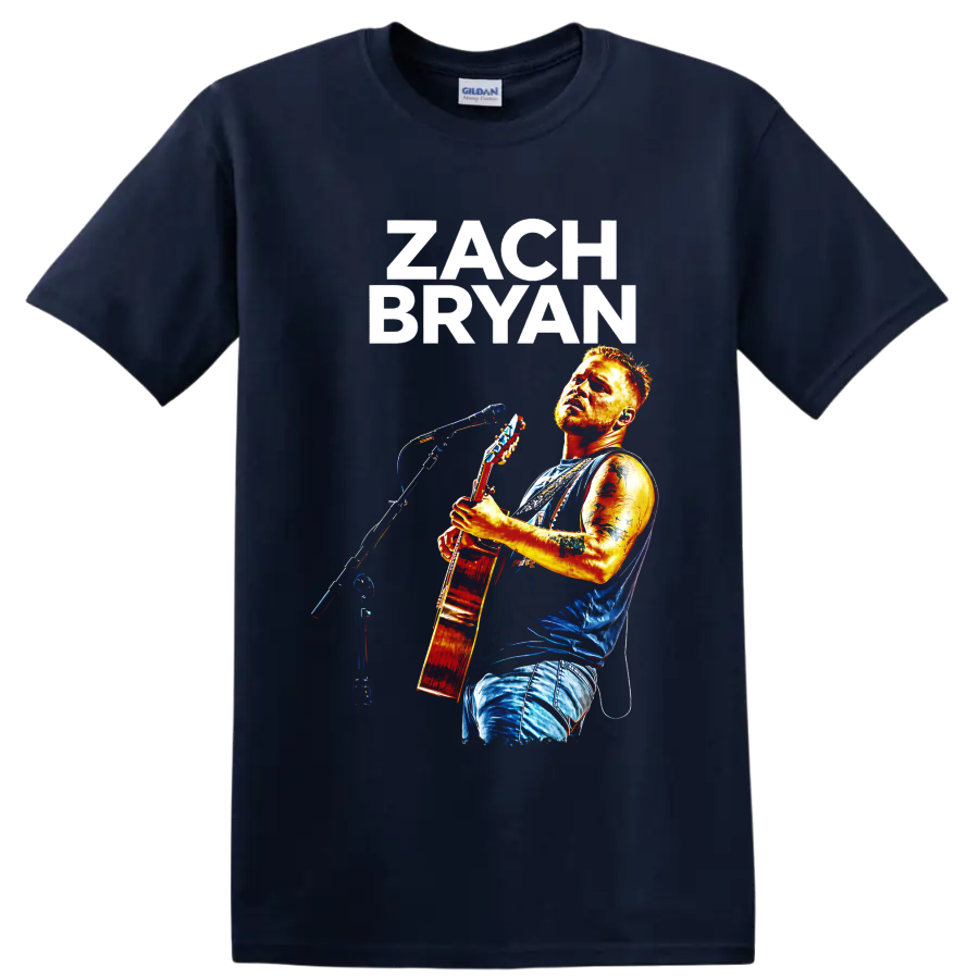 Zach Bryan guitar performance portrait with bold lettering and colorful concert lighting on a Navy (Blue) T Shirt