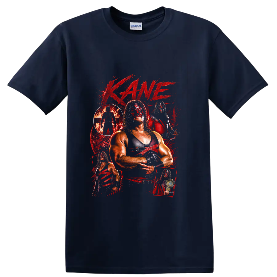 Kane masked wrestler collage with fire, championship belt, and distressed red paint on a Navy (Blue) T Shirt
