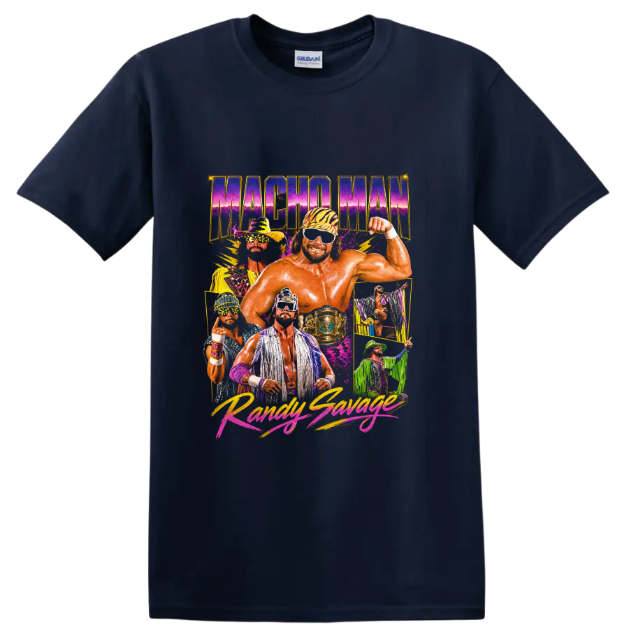 Macho Man Randy Savage retro neon wrestling collage with championship belt on a Navy (Blue) T Shirt