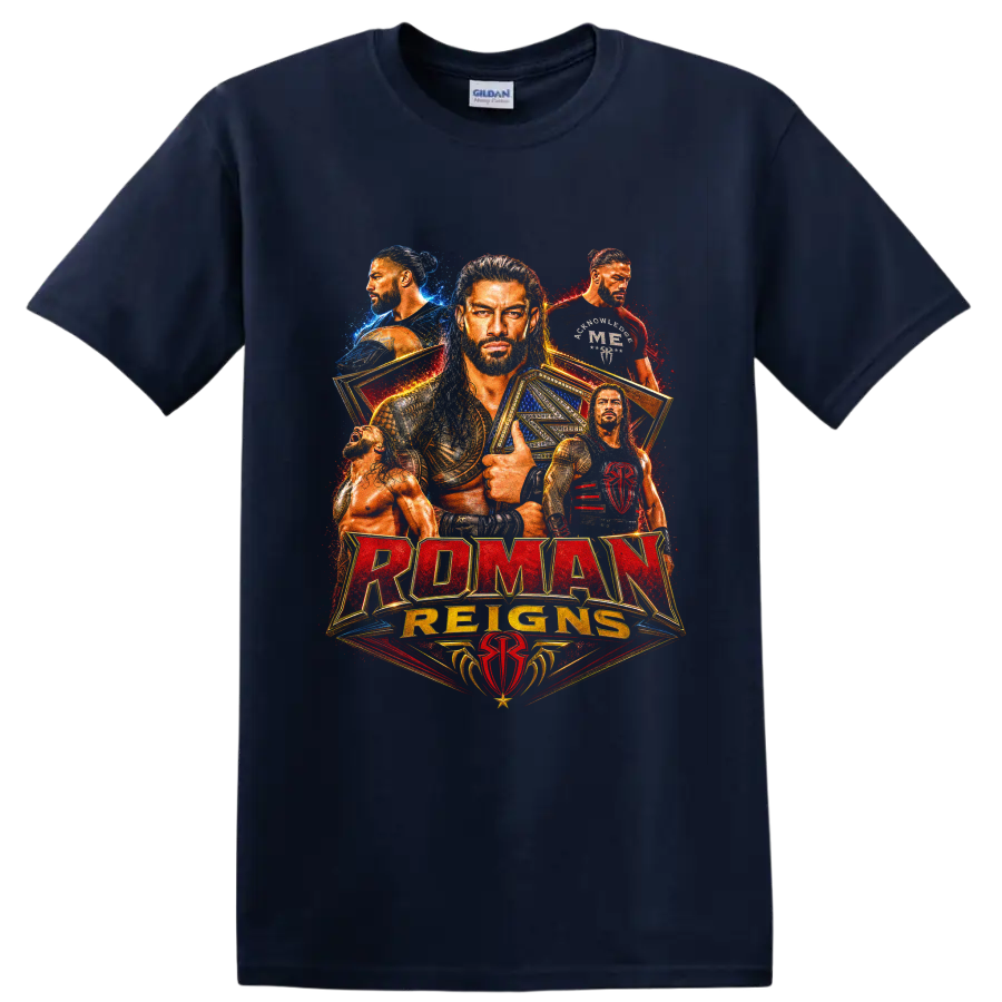 Roman Reigns championship portrait collage with gold belts and red blue splatter on a Navy (Blue) T Shirt