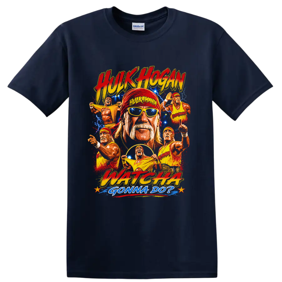 Hulk Hogan retro wrestling collage with lightning, action poses, and Hulkamania text on a Navy (Blue) T Shirt