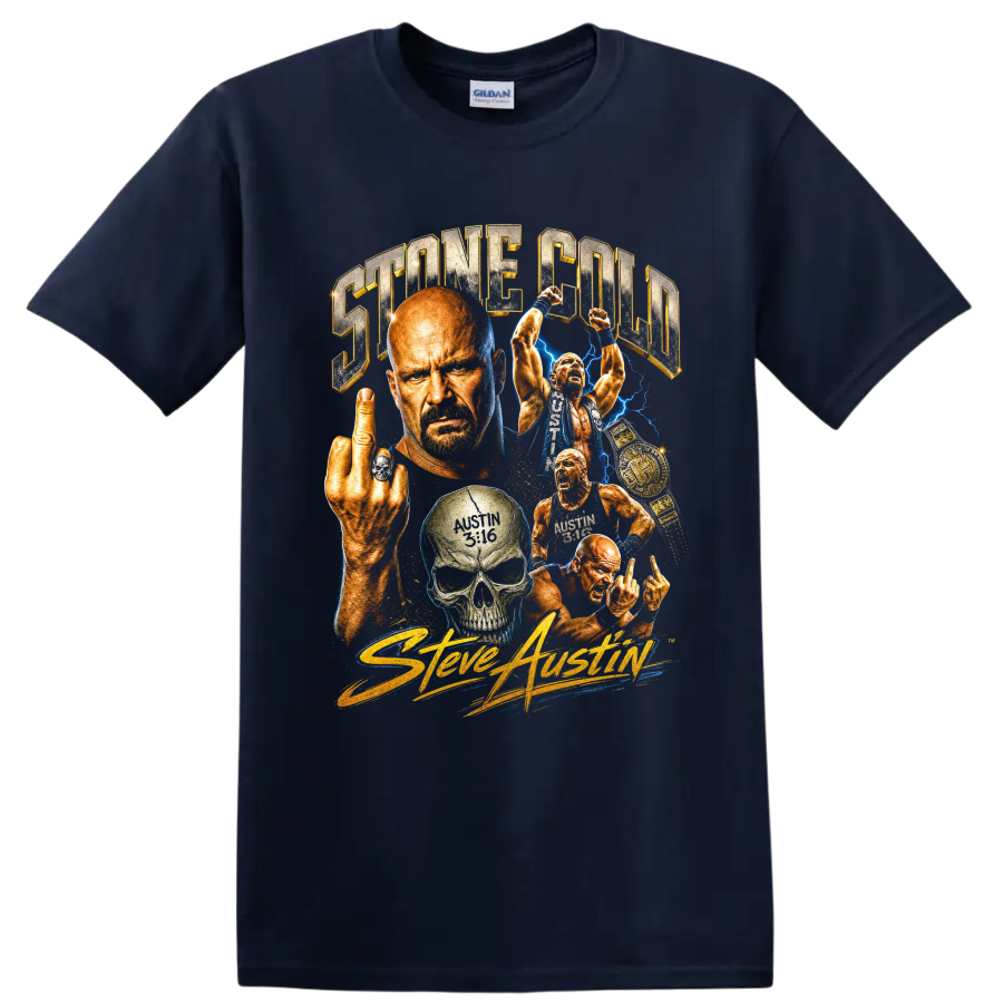 Stone Cold Steve Austin wrestling collage with skull, championship belt, and blue on a Navy (Blue) T Shirt