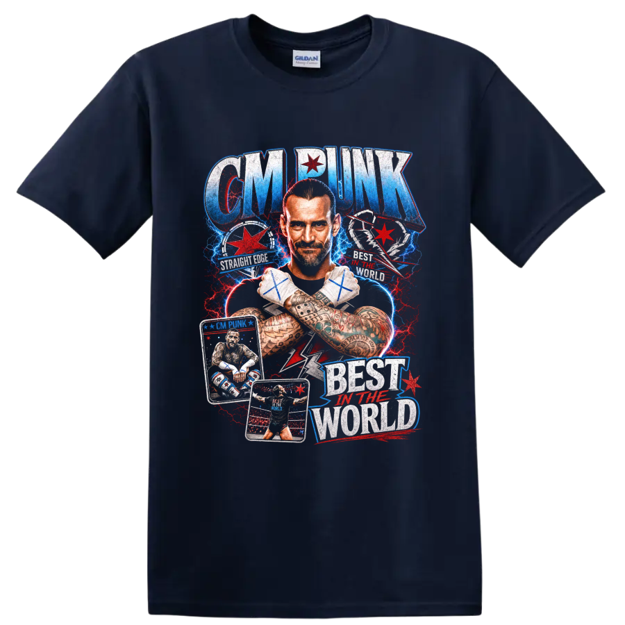 CM Punk portrait with crossed taped fists, Chicago stars, ring action, and distressed on a Navy (Blue) T Shirt