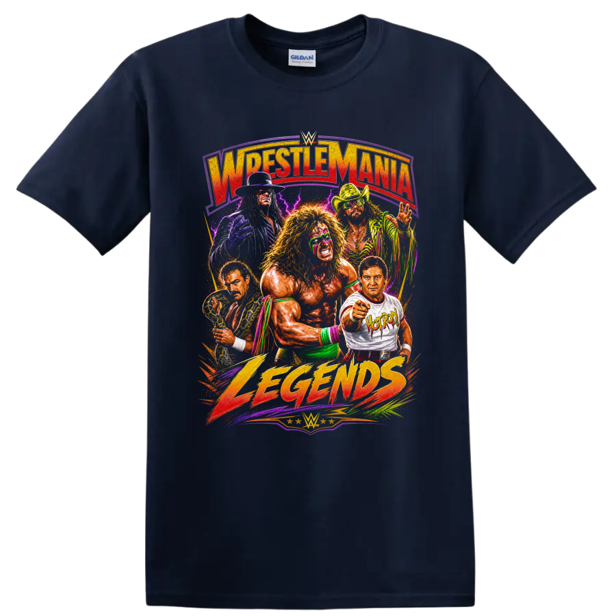 Ultimate Warrior and Macho Man Randy Savage retro wrestling legends collage on a Navy (Blue) T Shirt