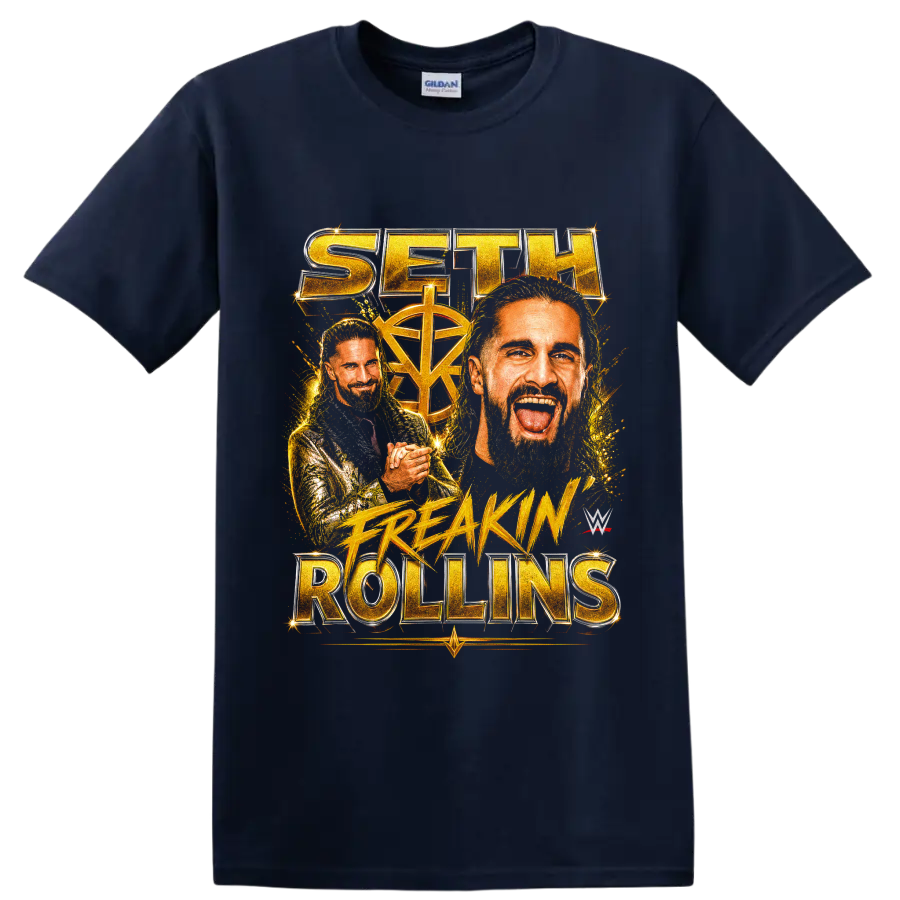 Seth Rollins gold portrait collage with championship lettering and fiery splatter on a Navy (Blue) T Shirt