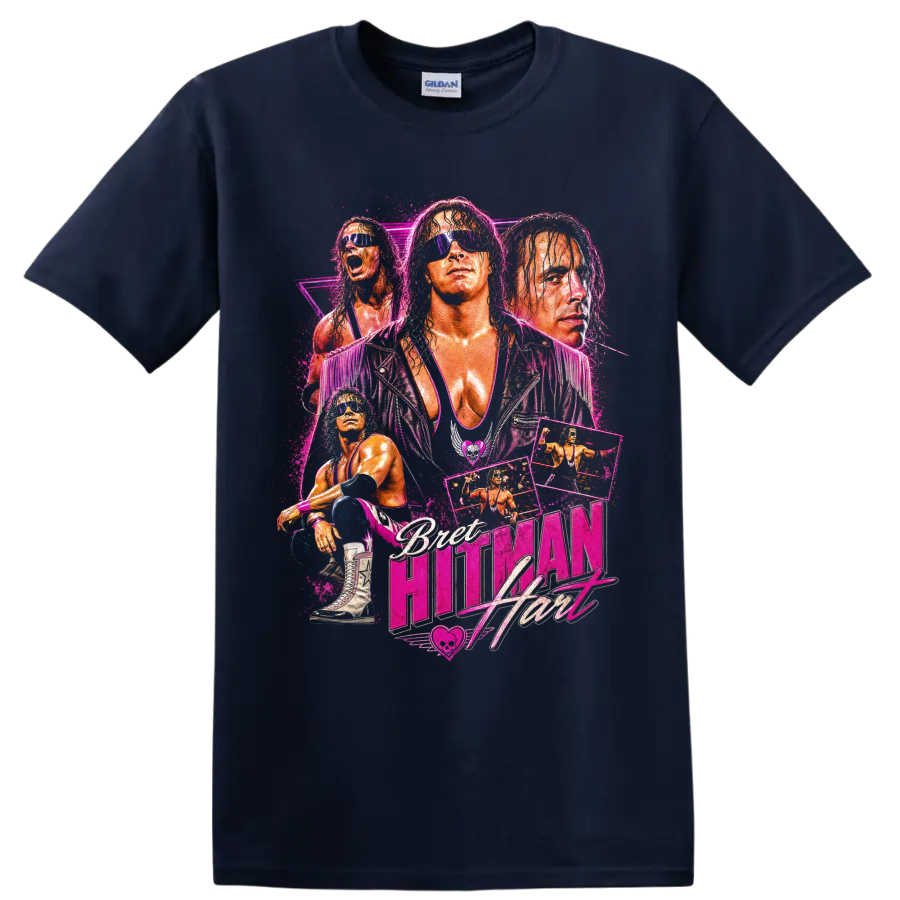 Bret Hart neon pink wrestling portrait collage with sunglasses, action panels, and logo on a Navy (Blue) T Shirt