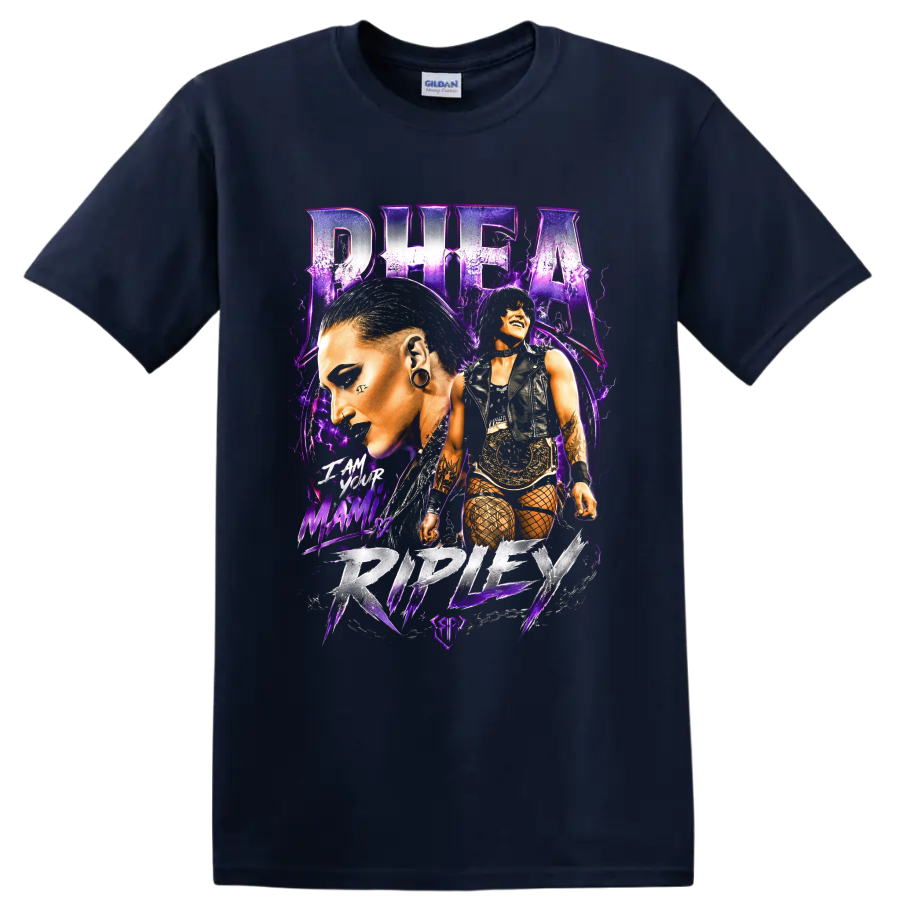 Rhea Ripley purple gothic wrestling portrait collage with championship belt on a Navy (Blue) T Shirt