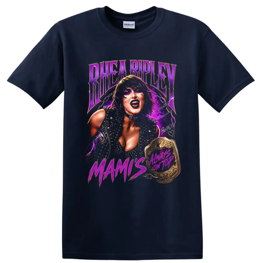 Rhea Ripley purple gothic portrait with championship belt, chains, and Mami text on a Navy (Blue) T Shirt
