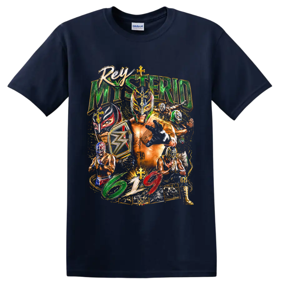 Rey Mysterio lucha libre mask collage with championship belt and 619 artwork on a Navy (Blue) T Shirt
