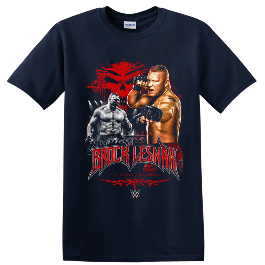 Brock Lesnar fighter portrait with distressed red splatter and wrestling lettering on a Navy (Blue) T Shirt