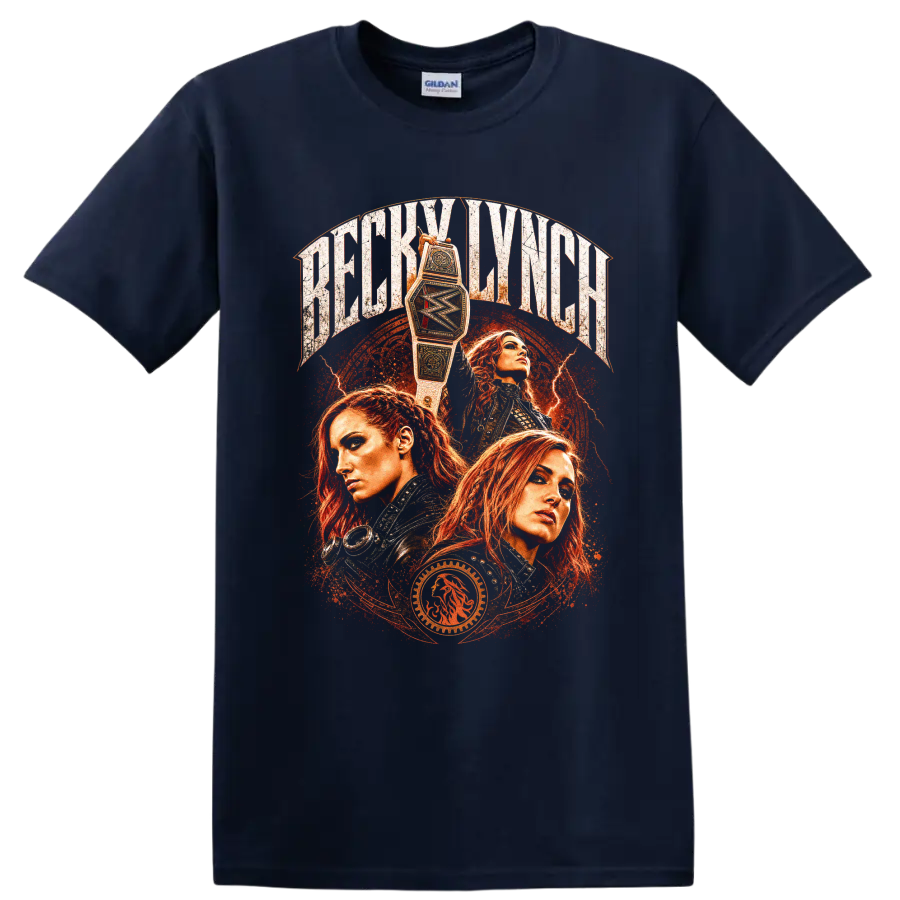 Becky Lynch three-portrait wrestling collage with championship belt and distressed on a Navy (Blue) T Shirt
