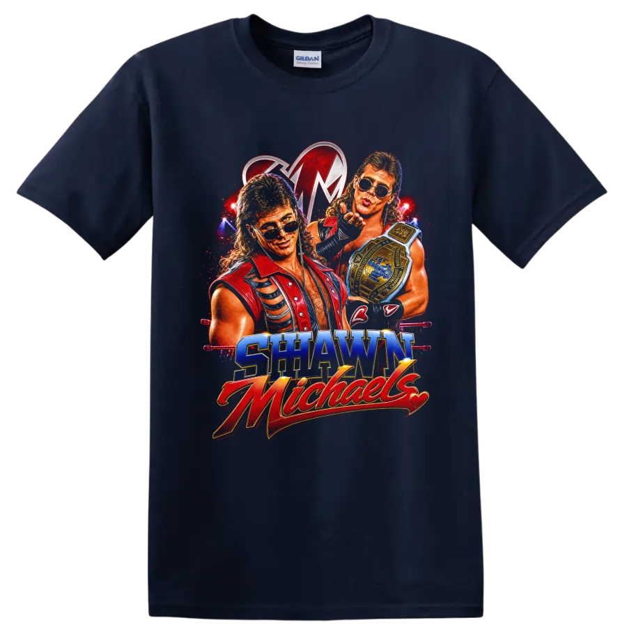 Shawn Michaels retro wrestling portraits with championship belt and arena lights on a Navy (Blue) T Shirt