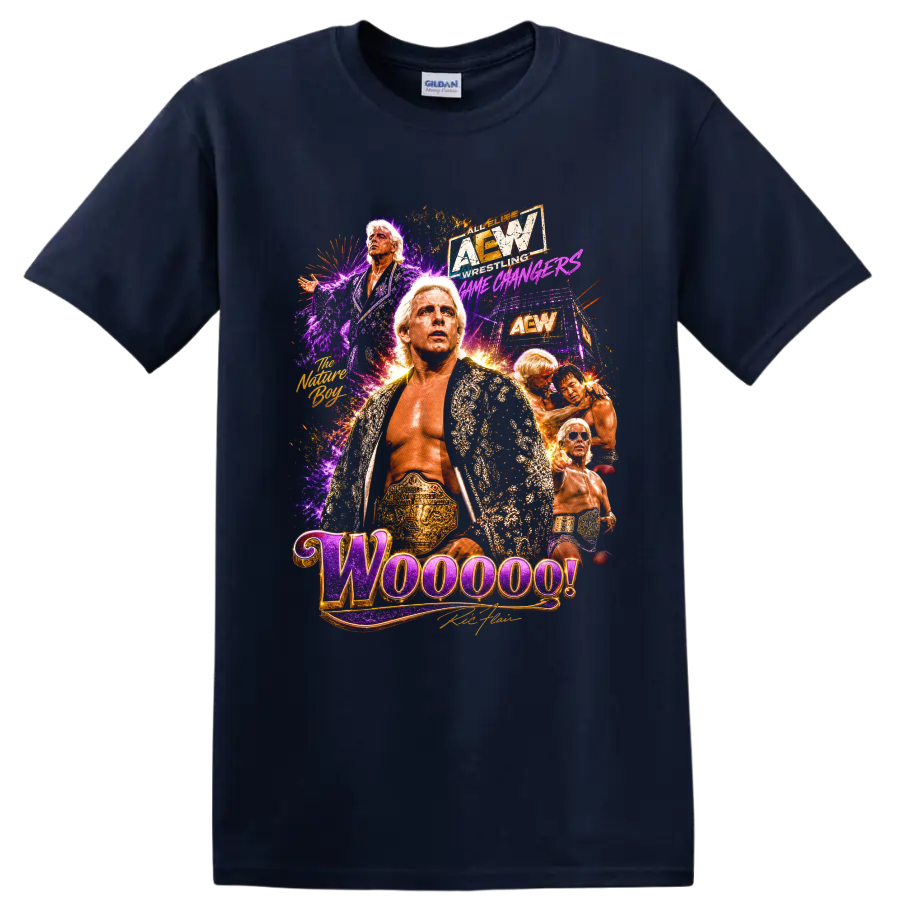 Ric Flair Nature Boy wrestling collage with championship belt, robe, and Woooo! text on a Navy (Blue) T Shirt