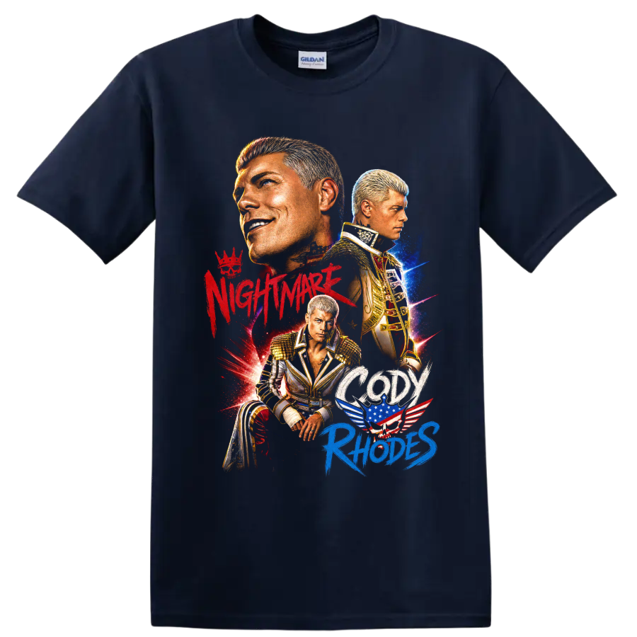 Cody Rhodes wrestling portrait collage with gold gear, stars, and patriotic graphic on a Navy (Blue) T Shirt