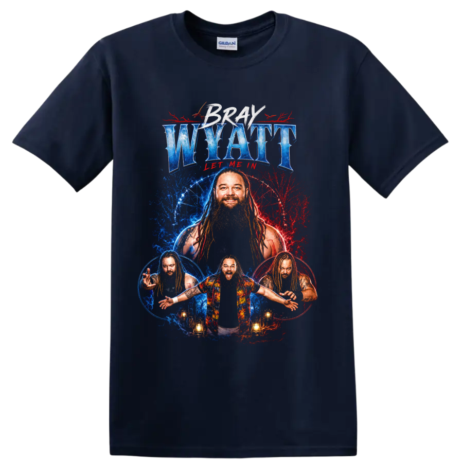 Bray Wyatt red and blue horror portrait collage with lanterns and Let Me In text on a Navy (Blue) T Shirt