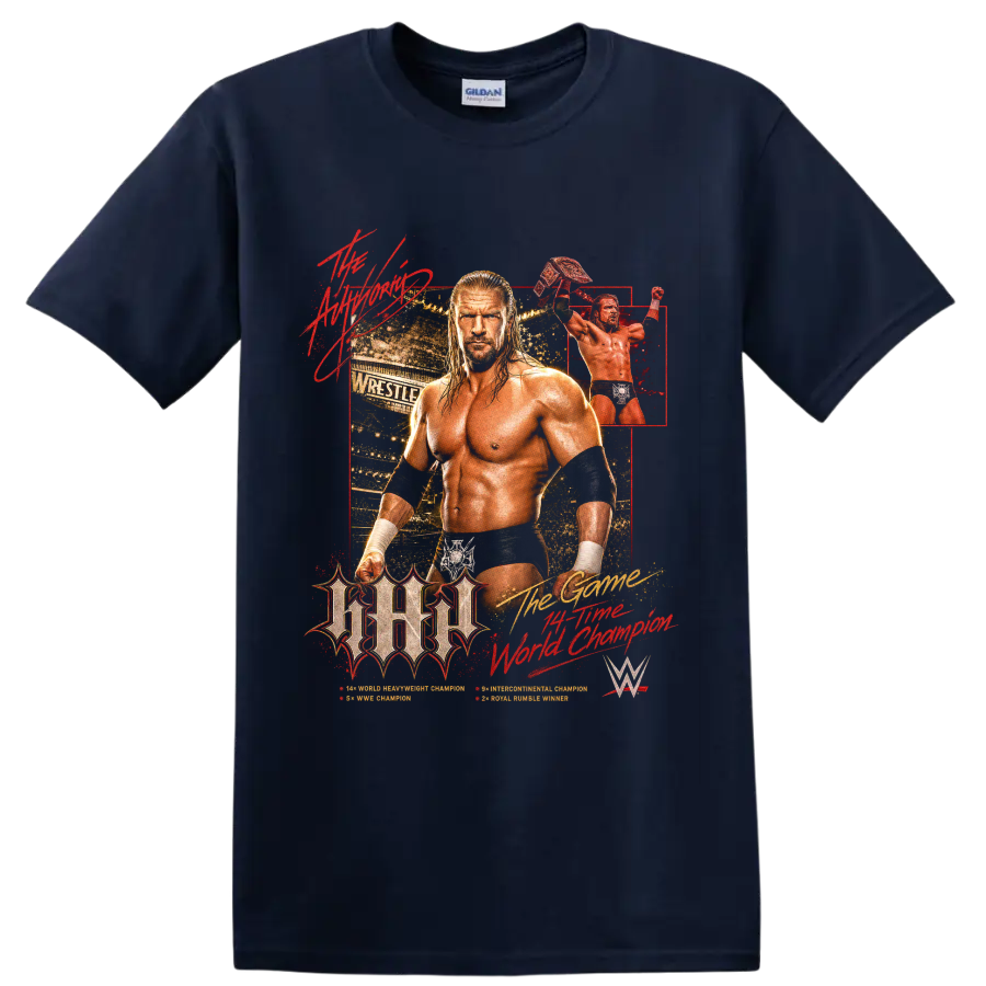 Triple H championship wrestling portrait with arena collage and raised title belt on a Navy (Blue) T Shirt