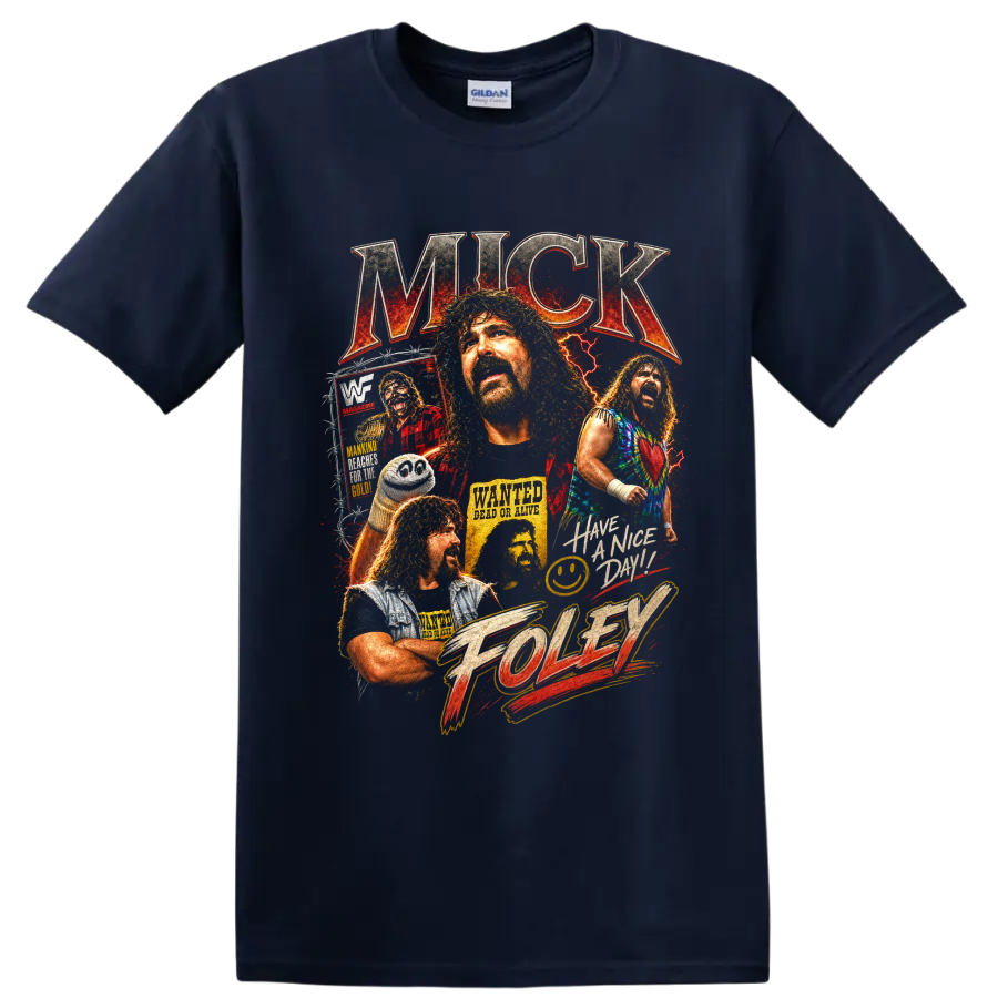 Mick Foley distressed wrestling portrait collage with lightning, poster art, and bold on a Navy (Blue) T Shirt