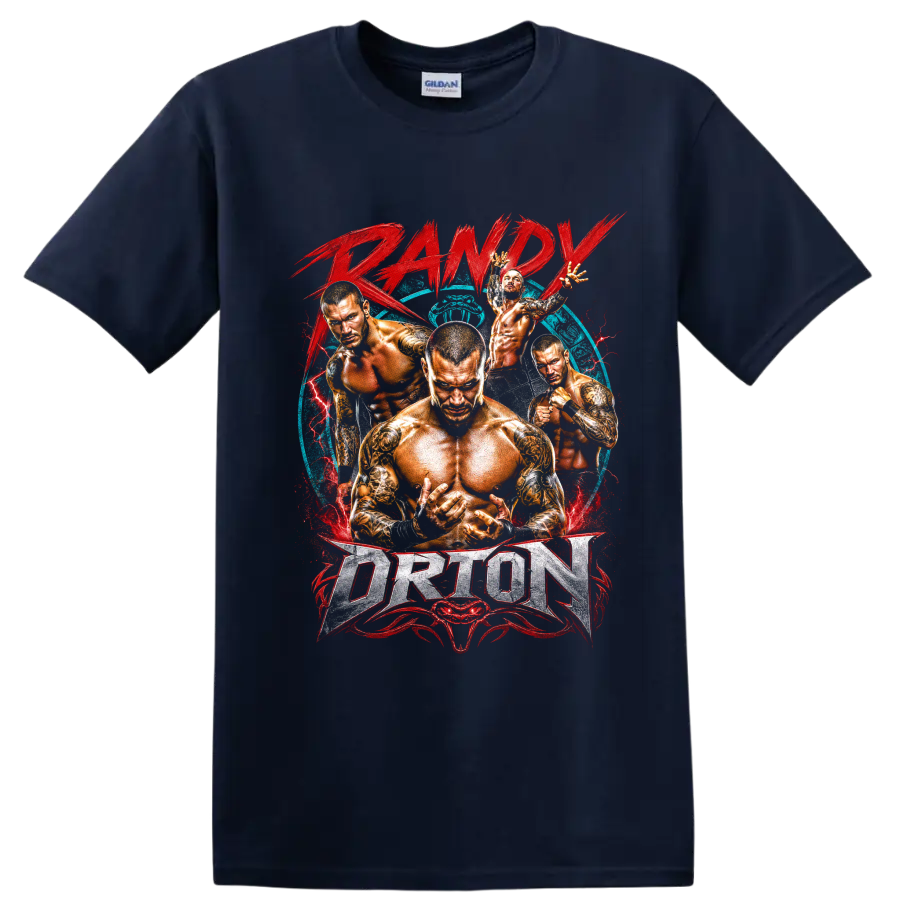 Randy Orton wrestling action collage with red lightning, blue backdrop, and bold lettering on a Navy (Blue) T Shirt