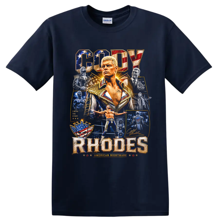 Cody Rhodes American Nightmare patriotic wrestling portrait collage with arena action on a Navy (Blue) T Shirt