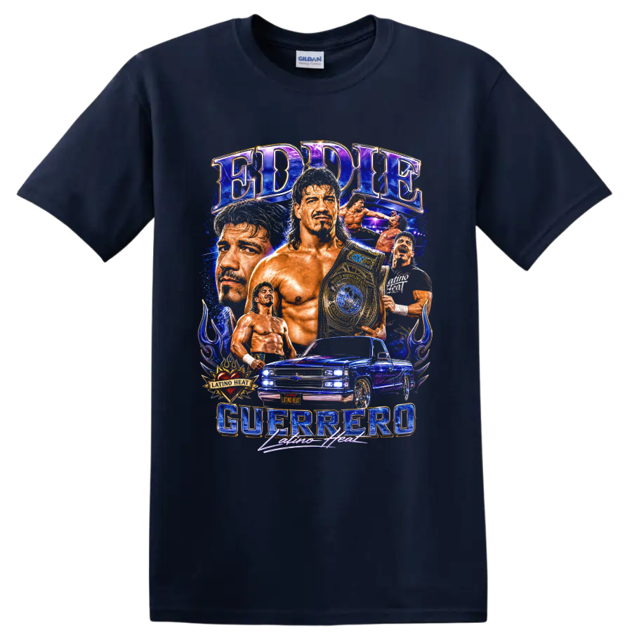Eddie Guerrero Latino Heat wrestling collage with championship belt and lowrider truck on a Navy (Blue) T Shirt