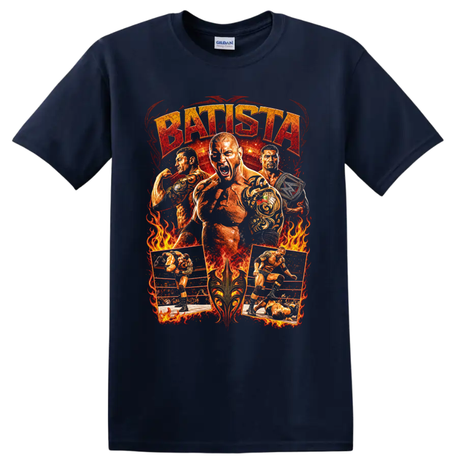 Batista wrestling collage with flames, ring action, championship belt, and distressed text on a Navy (Blue) T Shirt