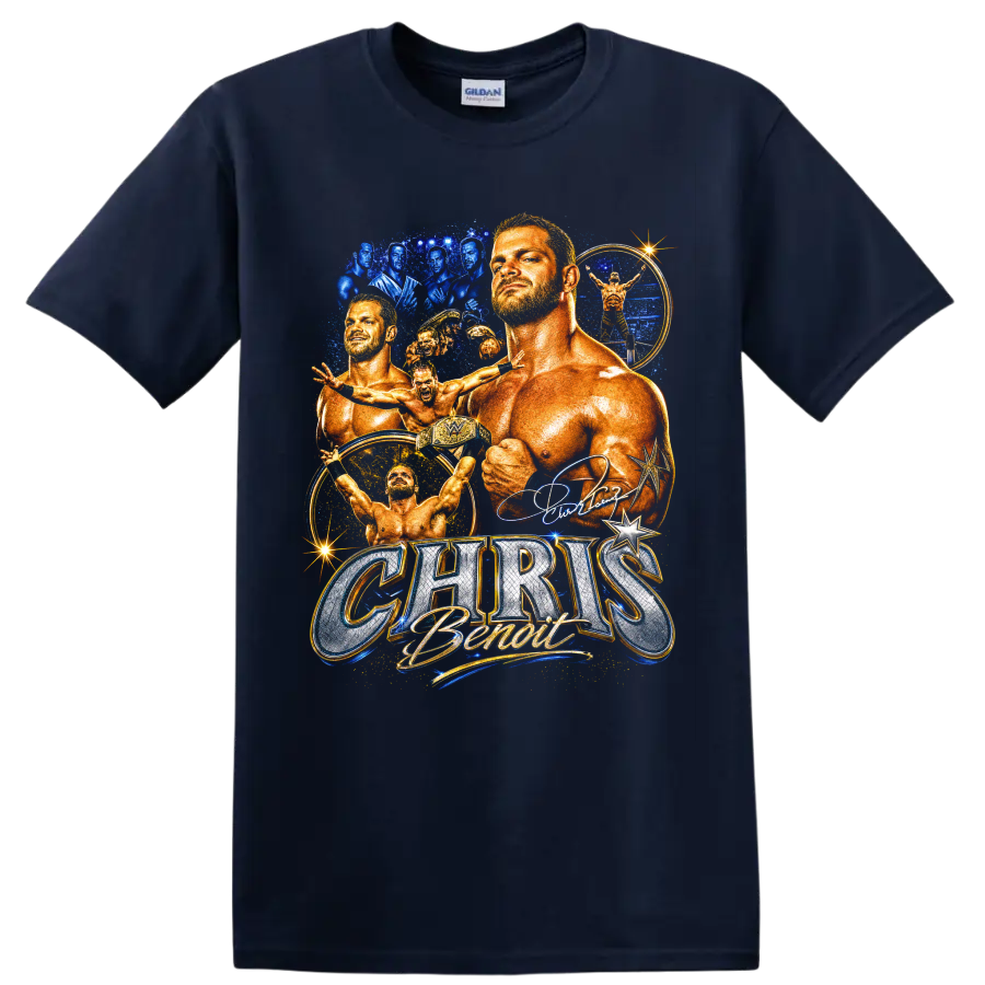 Chris Benoit wrestling collage with action poses, championship belt, and blue gold on a Navy (Blue) T Shirt