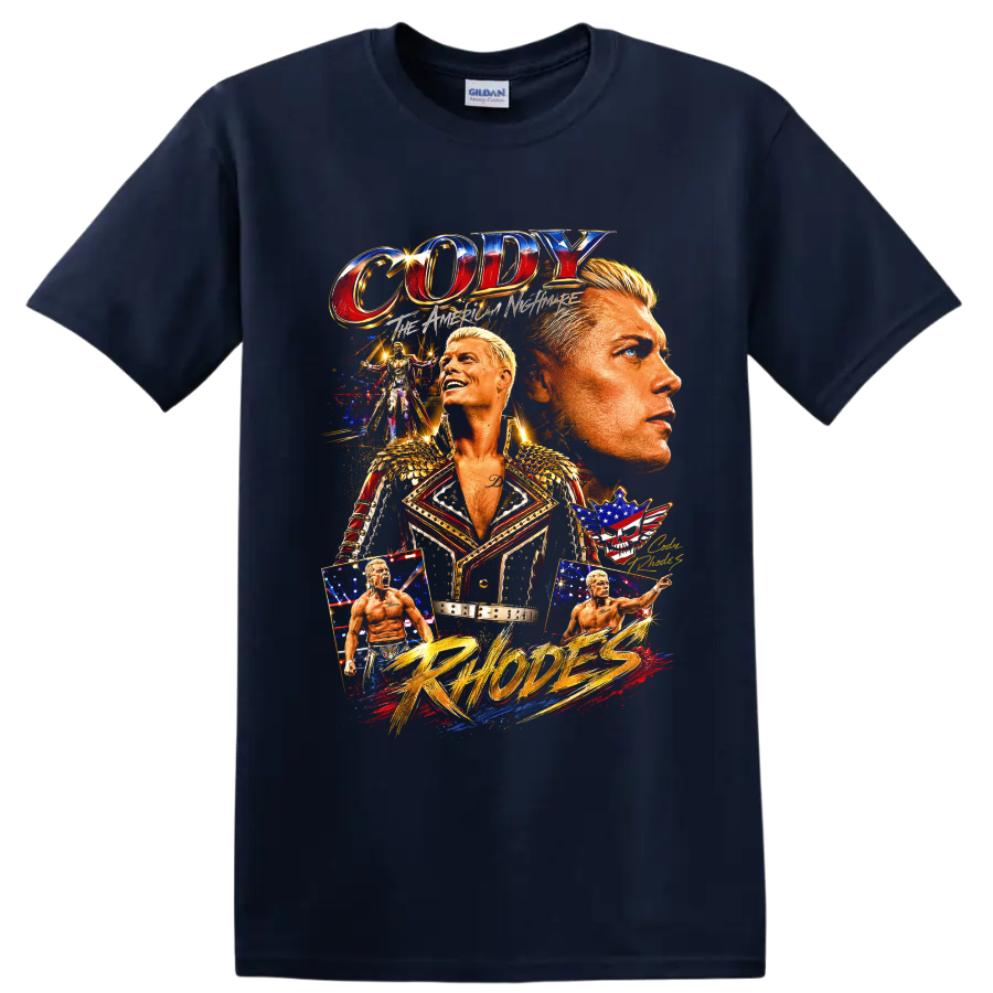 Cody Rhodes American Nightmare wrestling collage with ring portraits, stars, and gold on a Navy (Blue) T Shirt