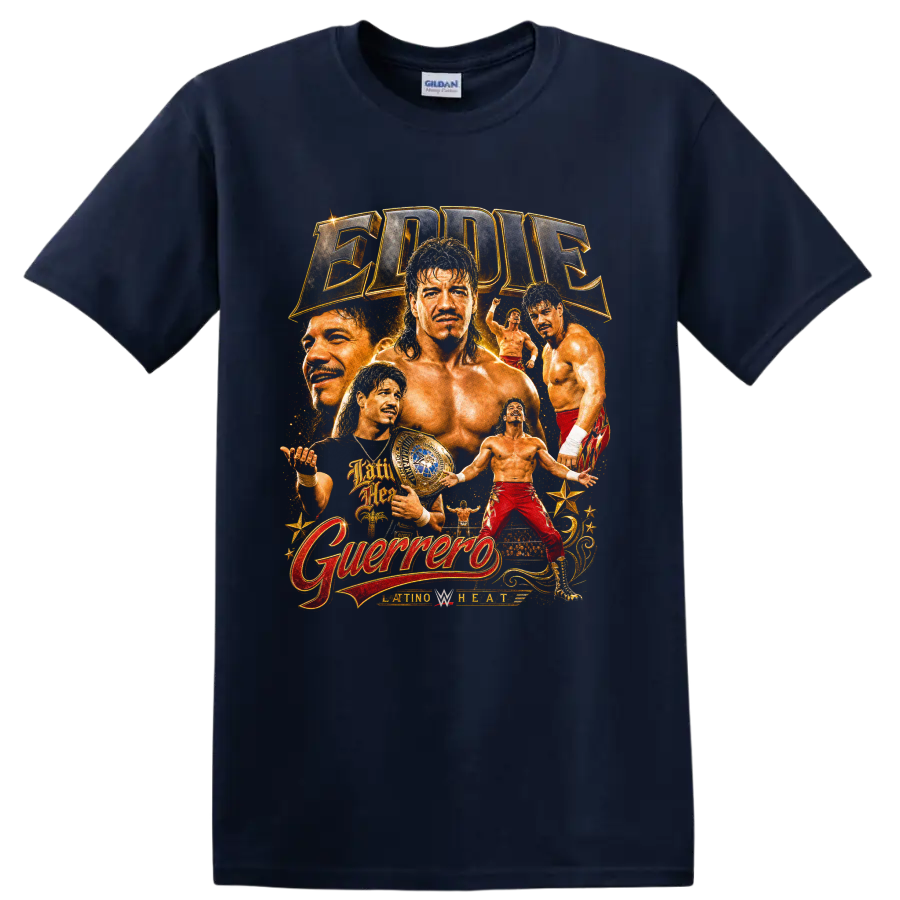 Eddie Guerrero wrestling portrait collage with championship belt and Latino Heat lettering on a Navy (Blue) T Shirt