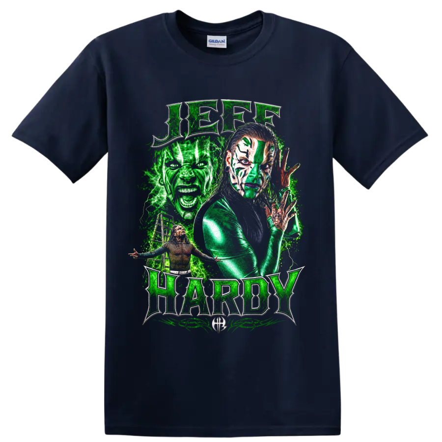 Jeff Hardy green face paint wrestling portrait with lightning and metallic lettering on a Navy (Blue) T Shirt