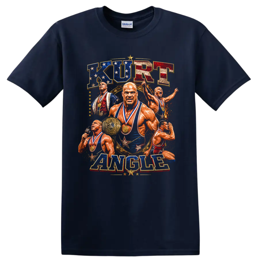 Kurt Angle patriotic wrestling collage with Olympic medals, stars, belt, and retro on a Navy (Blue) T Shirt