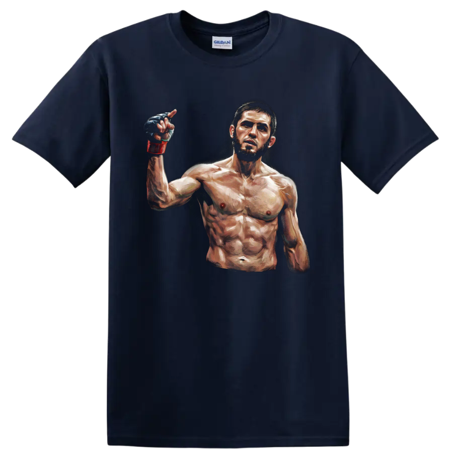 Khabib Nurmagomedov painted MMA fighter portrait with raised gloved hand on a Navy (Blue) T Shirt