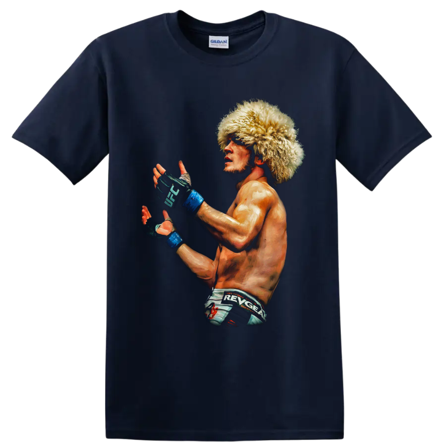 Painted Khabib Nurmagomedov MMA portrait in papakha hat and UFC gloves on a Navy (Blue) T Shirt