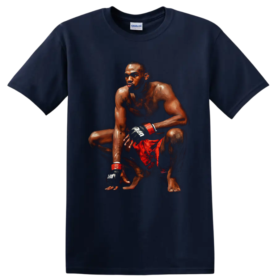Painted Jon Jones crouching MMA fighter portrait in red shorts and black gloves on a Navy (Blue) T Shirt