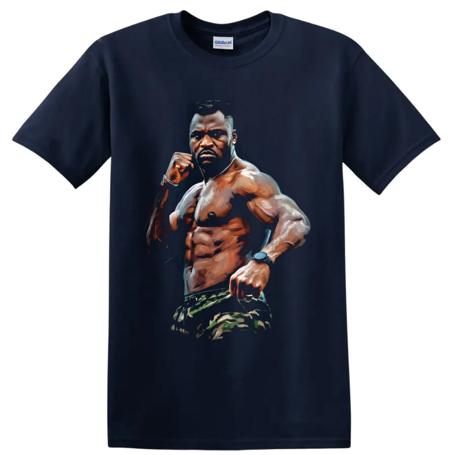 Francis Ngannou painted MMA fighter portrait with raised fist and camouflage shorts on a Navy (Blue) T Shirt