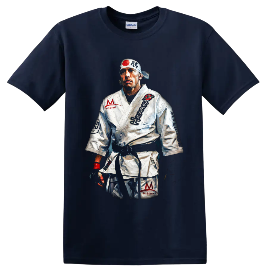 Painted Georges St-Pierre MMA fighter portrait in white gi and headband on a Navy (Blue) T Shirt