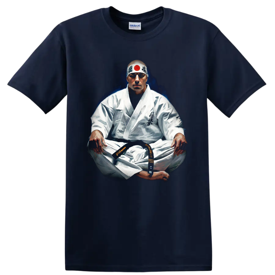 Masutatsu Oyama seated in meditation, painterly Kyokushin karate portrait on a Navy (Blue) T Shirt