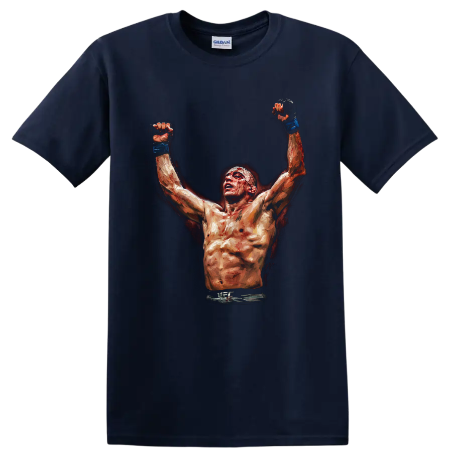 Georges St-Pierre inspired painterly MMA fighter raising blue-gloved fists on a Navy (Blue) T Shirt