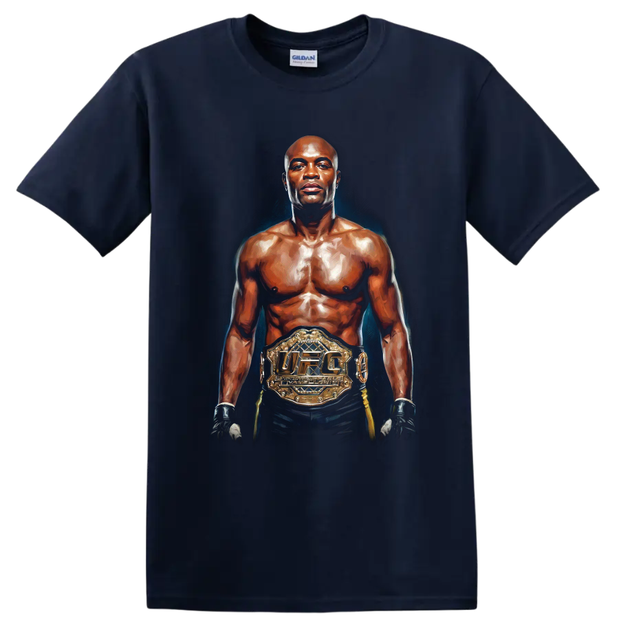 Anderson Silva painterly UFC champion portrait with gloves and gold title belt on a Navy (Blue) T Shirt