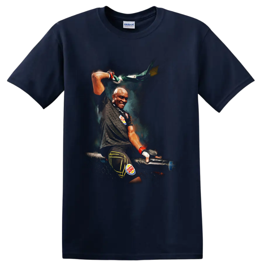 Anderson Silva in a dramatic painted cage-victory pose with raised Brazilian flag on a Navy (Blue) T Shirt