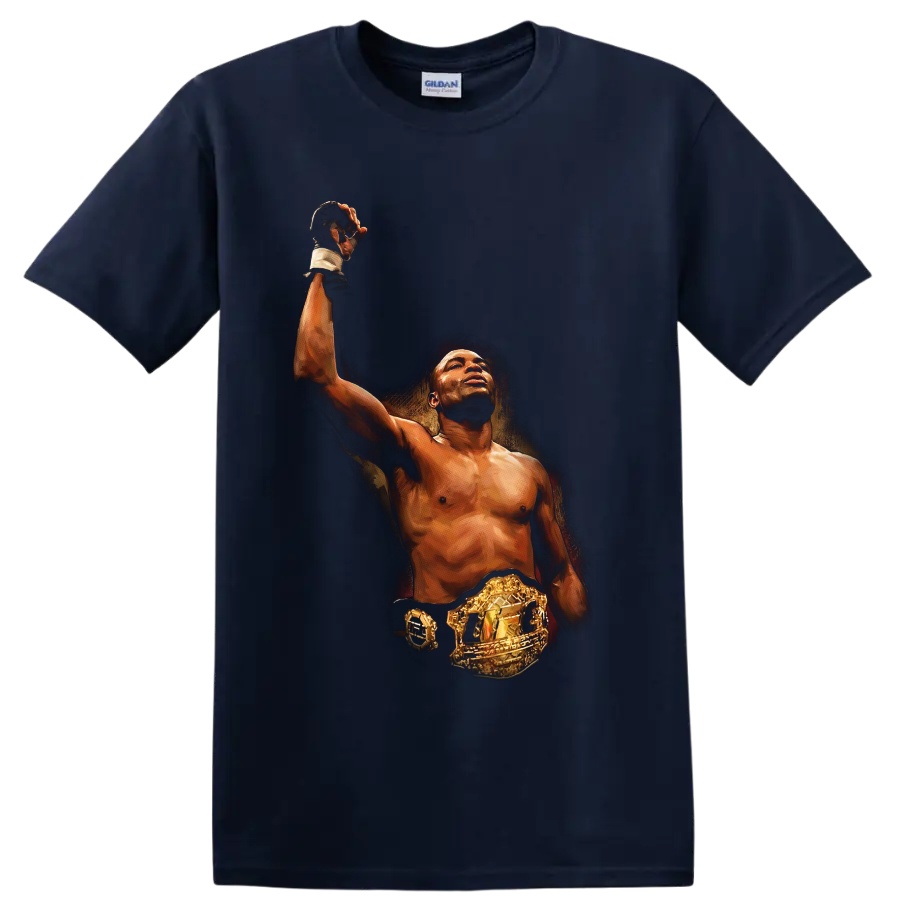 Kevin Randleman painterly MMA portrait raising a gloved hand with championship belt on a Navy (Blue) T Shirt