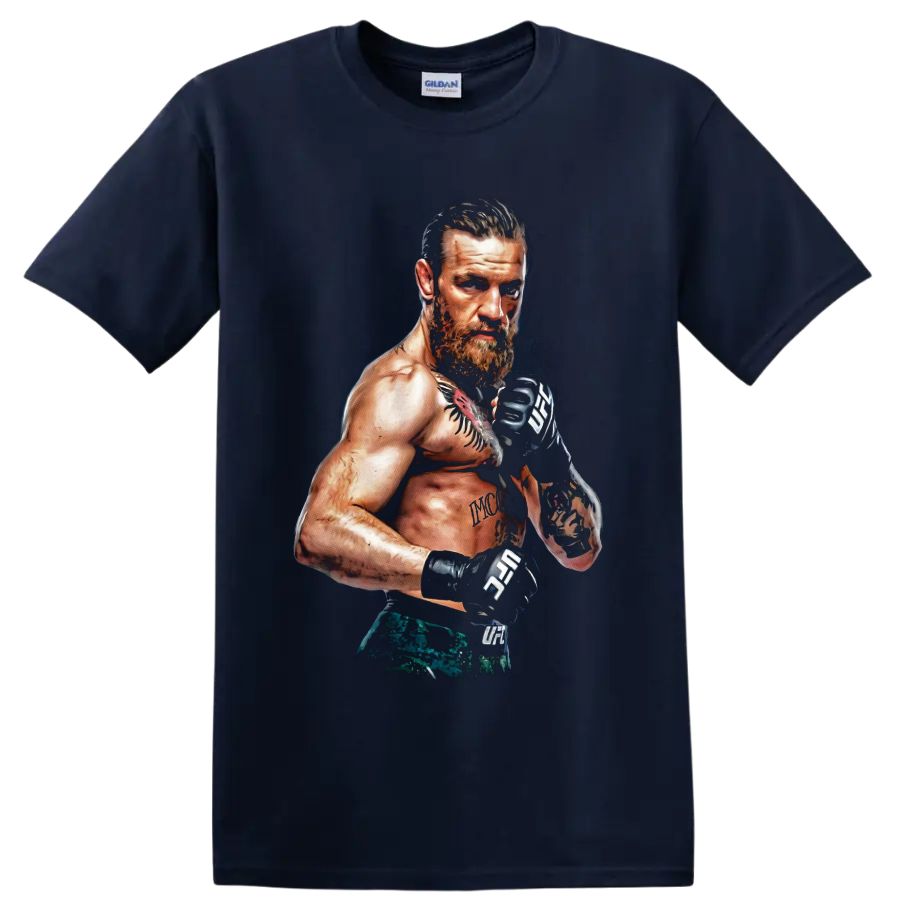 Conor McGregor tattooed MMA fighter portrait in a guarded stance with combat gloves on a Navy (Blue) T Shirt