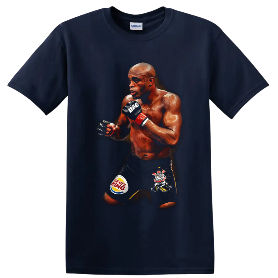 Anderson Silva MMA fighter in a dramatic painterly guarded fighting stance on a Navy (Blue) T Shirt